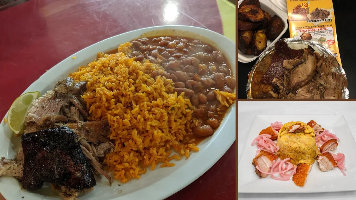 Plates of Dominican comfort food on a table.